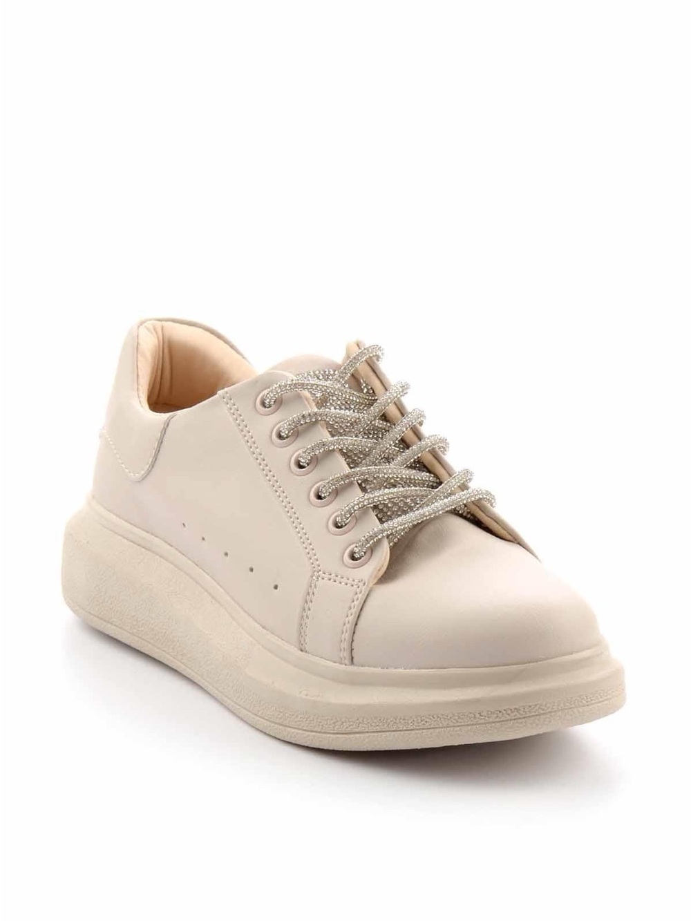Beige Platform Rhinestoned Lace Sneakers
